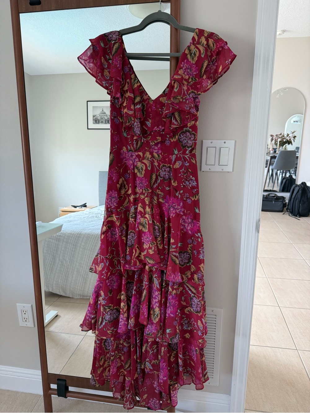 Wayf Magenta Floral Ruffle Maxi Dress
